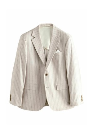 Blazer a righe color beige chiaro con un bottone, colli a scienzo, tasche con patta e un fazzoletto bianco nella tasca.