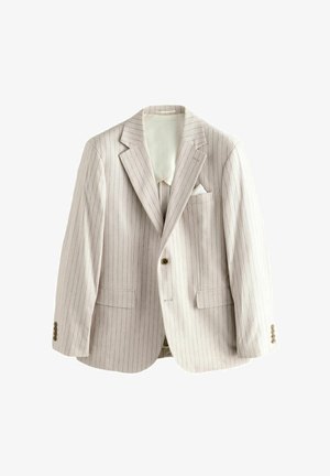 Blazer a righe color beige chiaro con un bottone, colli a scienzo, tasche con patta e un fazzoletto bianco nella tasca.