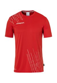 Rød sportstrøje lavet af syntetisk materiale, med korte ærmer, rund halsudskæring og hvide diagonalstriber over den øverste del af fronten.