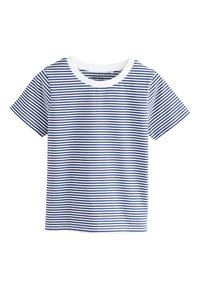T-shirt à manches courtes rayé bleu marine et blanc avec un col rond blanc contrastant et une texture de tissu douce.