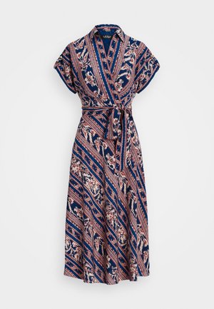 Sukienka midi w stylu kopertowym z krótkimi rękawami, w granatowo-rdzy geometryczny kwiatowy wzór, z dopasowanym paskiem do wiązania w talii.