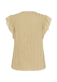 Blouse beige à manches courtes avec des rayures verticales texturées et des manches volantées, présentée à plat vue de dos.