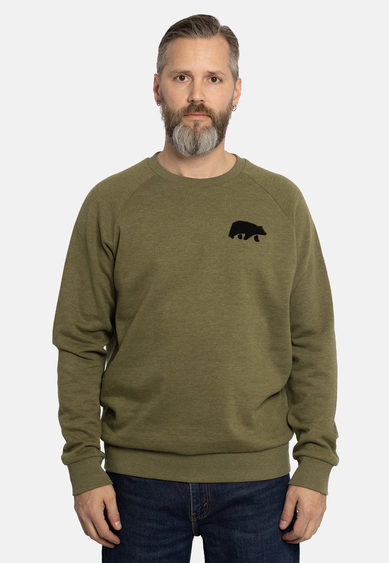 Felpa verde oliva realizzata in tessuto morbido, con una silhouette di orso nero ricamata sul petto e polsini e orlo a coste.