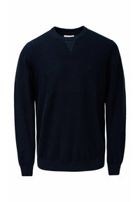 Suéter de punto azul marino con cuello redondo, mangas largas y puños acanalados. Presenta un patrón de rayas horizontales texturizadas.