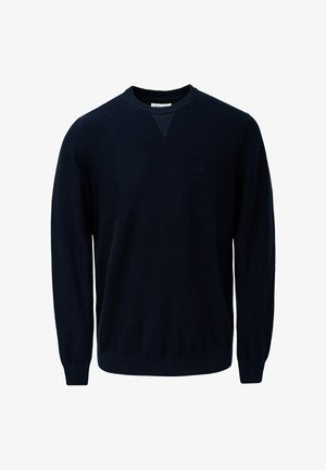 Suéter de punto azul marino con cuello redondo, mangas largas y puños acanalados. Presenta un patrón de rayas horizontales texturizadas.