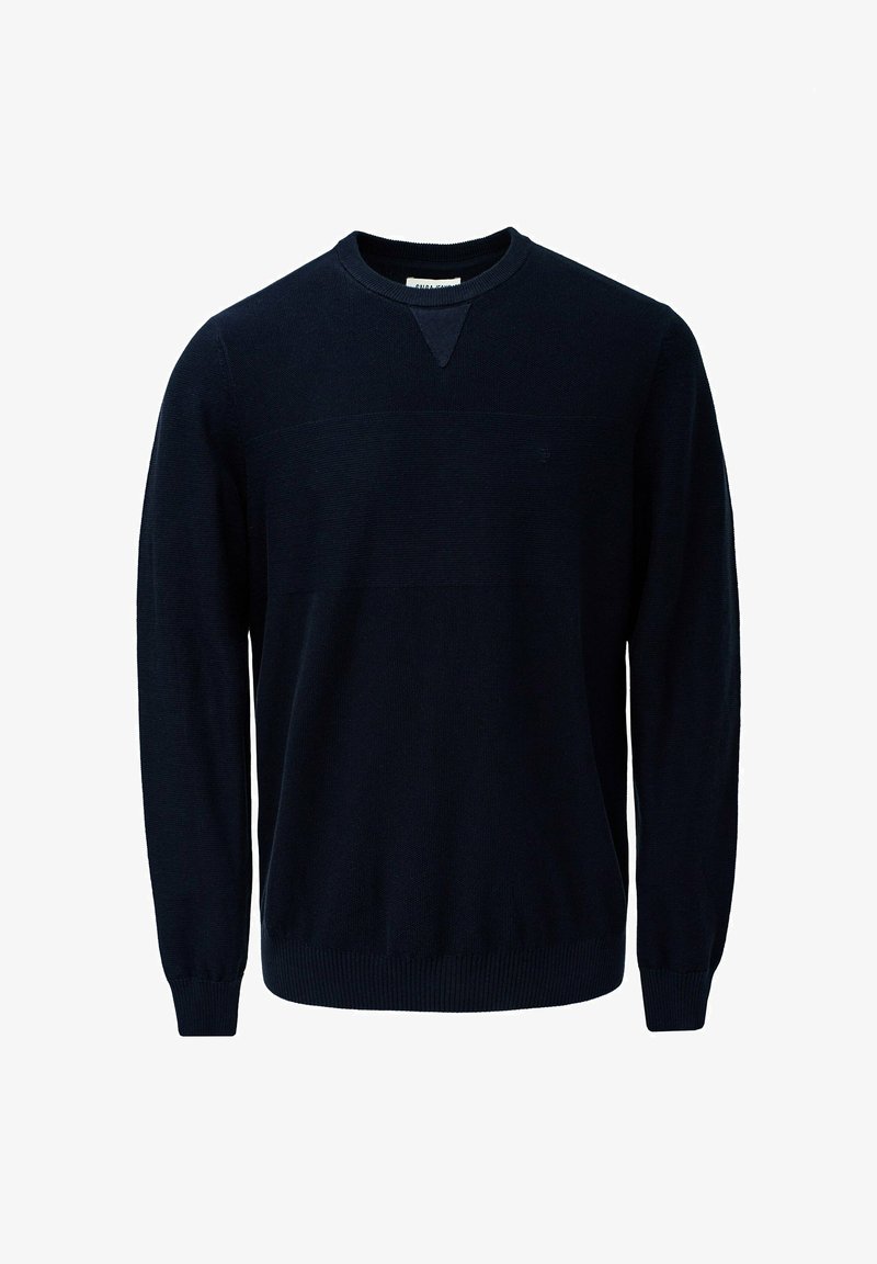 Suéter de punto azul marino con cuello redondo, mangas largas y puños acanalados. Presenta un patrón de rayas horizontales texturizadas.