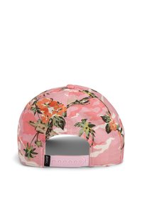 Cappellino da baseball floreale rosa con motivo camouflage, dotato di visiera curva e chiusura snapback regolabile. Tessuto morbido con accenti vivaci.