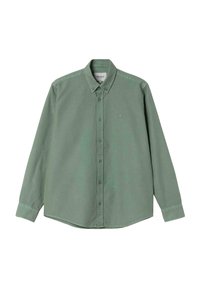 Camisa de manga larga de tela de algodón en verde claro, con diseño de botonadura, cuello y un logotipo sutil en el pecho.