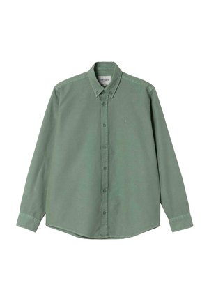 Camisa de manga larga de tela de algodón en verde claro, con diseño de botonadura, cuello y un logotipo sutil en el pecho.