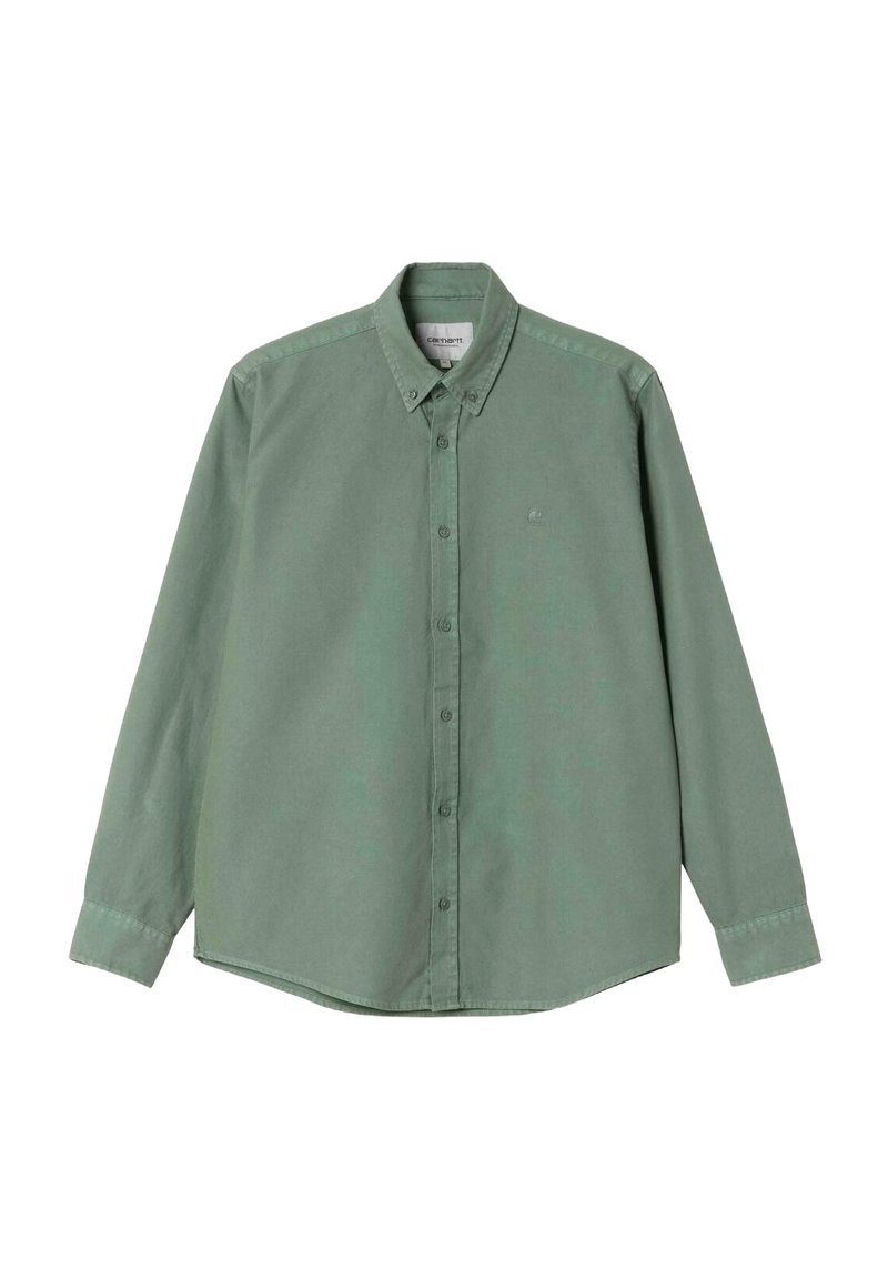 Camisa de manga larga de tela de algodón en verde claro, con diseño de botonadura, cuello y un logotipo sutil en el pecho.
