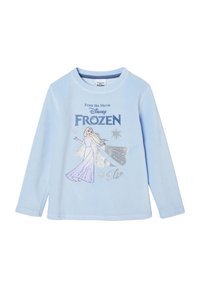 Light blue long-sleeve shirt featuring a glittery graphic of a character in a white gown, with the text “From the Movie Disney Frozen.”