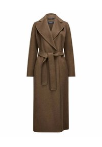 Cappotto lungo marrone in lana con ampi rever e una cintura coordinata annodata in vita, esposto su uno sfondo bianco.