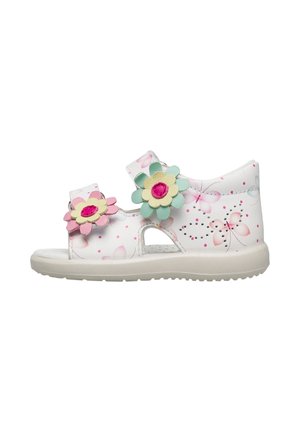 Sandalo bianco per bambini con decorazioni floreali rosa e blu e motivi a farfalla, dotato di due cinturini regolabili e suola imbottita.