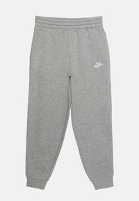 Grå sweatpants i bomullsblandning. Har resårmidja, sidofickor och en vit Nike-logotyp på vänster lår.