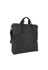 Borsa a tracolla nera realizzata in materiale sintetico testurizzato. Presenta due manici superiori, una tracolla rimovibile e una tasca frontale con zip.