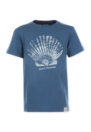 Blå bomulds T-shirt med et hvidt skald grafik og teksten "BEACH TREASURE". Korte ærmer, rund hals, og et lille logo mærke ved kanten.