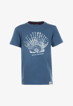 Blå bomulds T-shirt med et hvidt skald grafik og teksten "BEACH TREASURE". Korte ærmer, rund hals, og et lille logo mærke ved kanten.