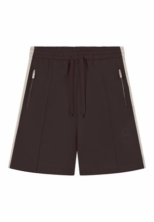 Czarne szorty sportowe z elastycznym pasem, troczkiem, bocznymi suwakami i białymi pionowymi paskami wzdłuż zewnętrznych szwów.