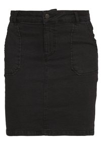 Schwarzer Denim-Bleistiftrock mit figurbetonter Silhouette, hoher Taille, frontalen Taschen und einem Knopfverschluss am Bund. Glatte Textur.
