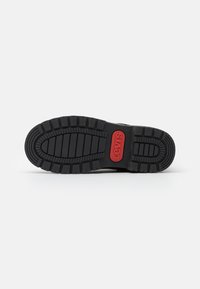 Black rubber shoe sole with deep tread pattern, featuring a red Levi's logo accent. Flat and sturdy construction for stability.