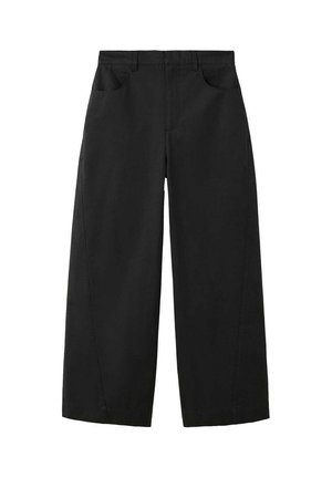 Pantalones negros de pierna ancha con bolsillos delanteros y trabillas para cinturón, de longitud recortada, mostrados sobre un fondo blanco.
