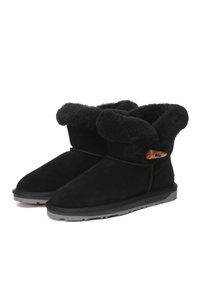 Black suede ankle boots with shearling cuff, flat rubber sole, and decorative toggle accent on side. Soft texture and rounded toe design.