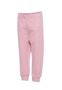 Lichtroze sweatpants gemaakt van zachte stof, met een elastische tailleband en geribbelde boorden, voorzien van een klein geborduurd design op het been.