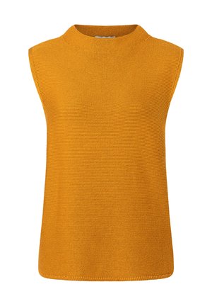 Ärmellose, senfgelbe Strickweste mit rundem Ausschnitt und strukturiertem Muster auf weißem Hintergrund.