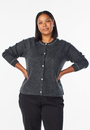 Dark gray cardigan with round neckline, front button closure, and pearl-like accents on sleeves. Soft, textured knit fabric.