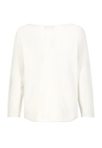 Weißes Langarmoberteil mit einem Bateau-Ausschnitt, weicher Textur und lässiger Passform. Die Rückseite zeigt eine glatte Fläche ohne sichtbare Nähte.