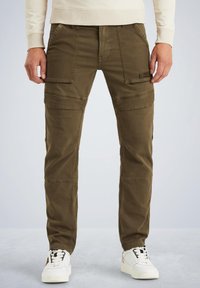Olive green cargo pants with multiple front pockets, tapered fit, and stitched detailing. Made from durable cotton-blend fabric.