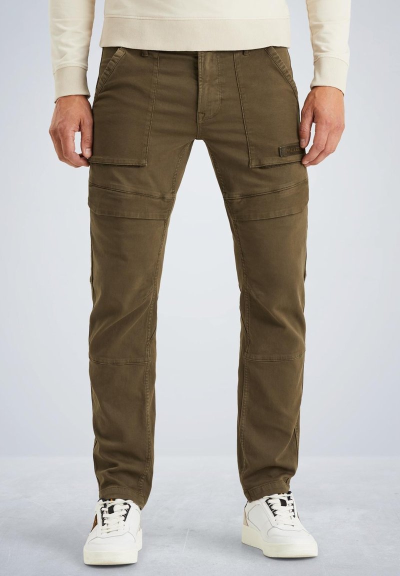 Olive green cargo pants with multiple front pockets, tapered fit, and stitched detailing. Made from durable cotton-blend fabric.