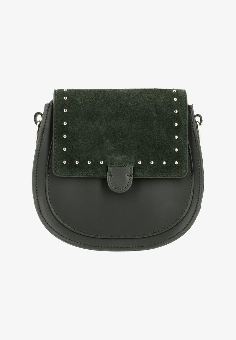 Borsa a tracolla in pelle scamosciata e pelle verde scuro con una forma arrotondata, chiusura a patta, dettagli borchiati e una singola tracolla regolabile.