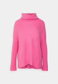 Maglione rosa a collo alto con lavorazione a coste e maniche lunghe, caratterizzato da una vestibilità comoda e un collo alto. Tessuto morbido e design casual.