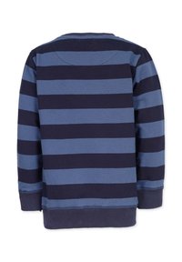 Sininen ja laivaston sininen raidallinen huppari, puuvillakangasta, pitkät hihat, pyöreä kaula-aukko, ribbaatut hihansuut, yksivärinen takapuoli, rento muotoilu.