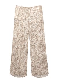 Pantalons à jambes larges en tissu léger et semi-transparent, avec un fond beige agrémenté d'un motif animalier brun subtil. Ceinture élastique.