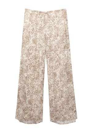 Wide-leg pants made from lightweight, semi-sheer fabric, featuring a beige background with a subtle brown animal print pattern. Elastic waistband.