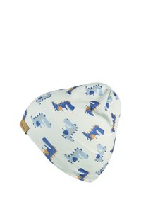Light cream baby beanie hat with blue and orange cartoon dinosaur patterns and a small brown brand tag on the edge.