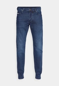 Blaue Jeans aus Denim mit taillierter Passform, fünf Taschen und einem Knopfverschluss. Der Stoff hat eine glatte Textur mit leichter Ausbleichung.