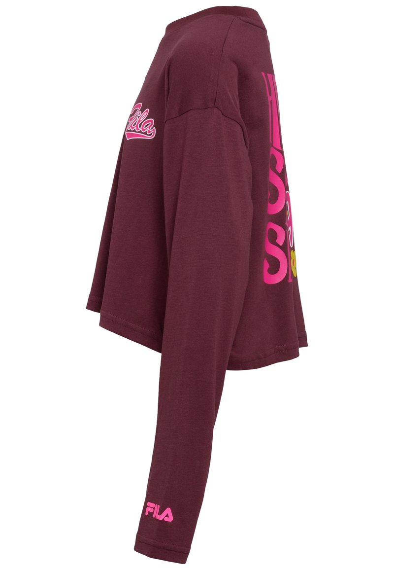 Camicia bordeaux a maniche lunghe con stampe del logo rosa, design morbido, scollatura rotonda e polsini a coste.