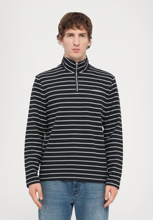 Navy blue and gray striped pullover shirt with a high collar, quarter zipper, and a front pocket. Soft fabric with ribbed texture.
