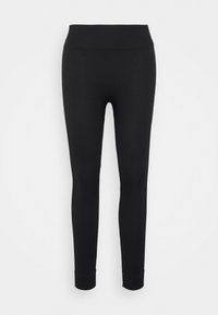 Svarta leggings i ribbad tyg, med hög midja, en åtsittande silhuett och ankellånga muddar. Inga synliga dekorationer.