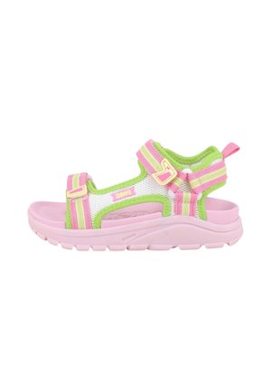 Sandalo aperto per bambini con suola rosa, tomaia in mesh verde e bianca e cinturini regolabili rosa e gialli a righe.