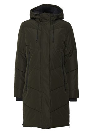Dunkelgrüne Damen-Steppjacke mit Kapuze, ausgestattet mit Reißverschlusstaschen an den Seiten, elastischen Bündchen und einem gesteppten Muster zur Isolierung.