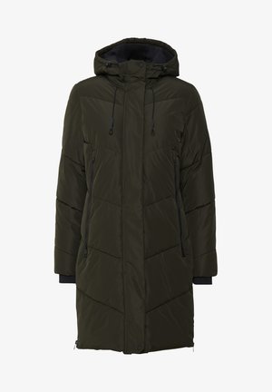 Dunkelgrüne Damen-Steppjacke mit Kapuze, ausgestattet mit Reißverschlusstaschen an den Seiten, elastischen Bündchen und einem gesteppten Muster zur Isolierung.