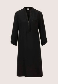 Schwarzes Hemdkleid aus glattem Stoff, mit Reißverschluss, einer Brusttasche und umgeschlagenen Ärmeln mit Knopfakzenten.