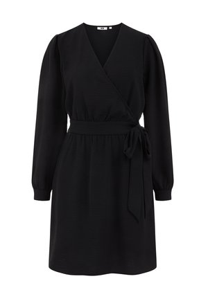 Abito avvolgente nero con maniche lunghe e dettagli in vita legati. Tessuto morbido e strutturato, scollo a V e polsini arricciati. Design semplice ed elegante.