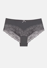 Perizoma grigio in pizzo con un motivo floreale lungo l'elastico in vita e le aperture delle gambe, dotato di un fiocco decorativo in satin grigio al centro frontale.