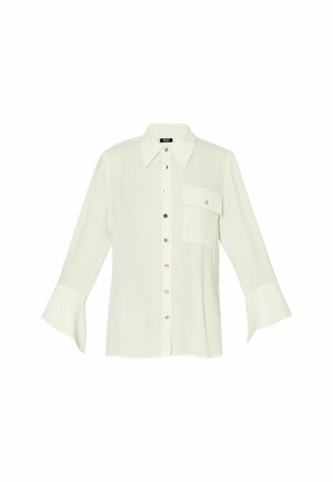 Blusa bianca in tessuto liscio. Presenta un colletto appuntito, chiusura frontale con bottoni, una tasca singola e maniche a campana con una leggera svasatura.