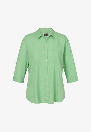 Helles grünes Hemd mit Kragen, Dreiviertelärmeln, zwei Brusttaschen und subtiler Textur. Weiße Knöpfe verbessern das Design.